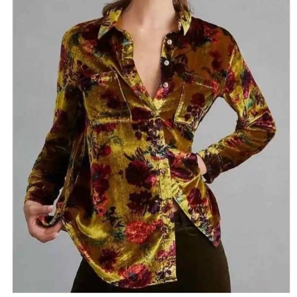 Pilcro Anthropologie velvet floral print button down long sleeve shirt top Sz L - Picture 1 of 10